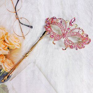 Pink Masquerade Mask, Met Gala Stick Mask, Gold Masquerade Ball Mask, Prom Mask
